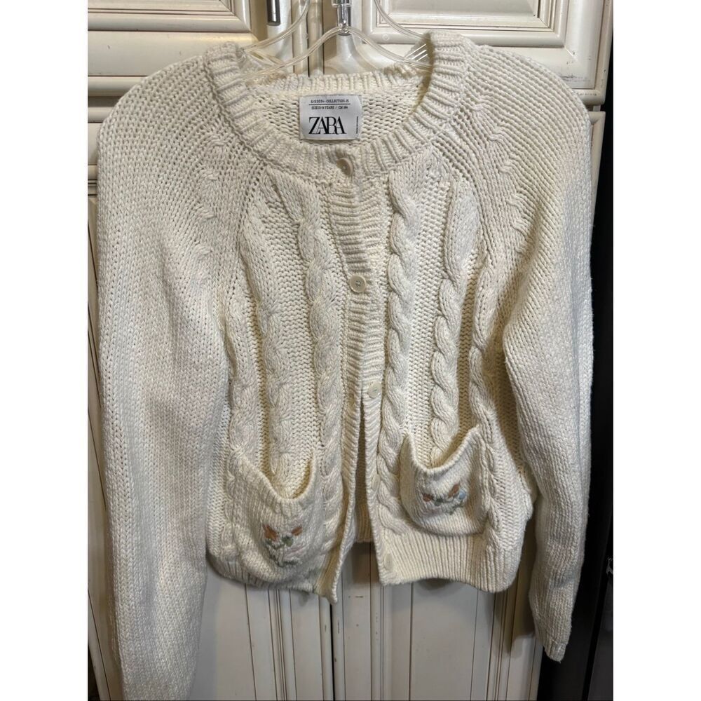 Zara Youth Cable Knit Embroidered Floral Pockets Cardigan Cream Size 13-14